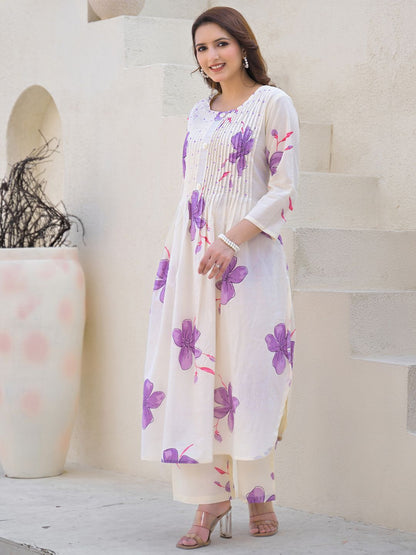 Floral Printed Round Neck Pleated Pure Cotton A-Line Kurta With Palazzos