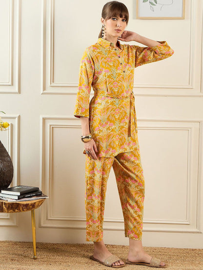 Dhiyona IE Floral Printed Shirt Collar Tunic & Trousers