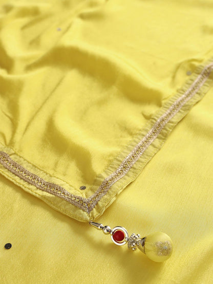 Dhiyona SO Women's Floral Embroidered Round Neck Sequinned Straight Tissue Kurti With Palazzos & Dupatta