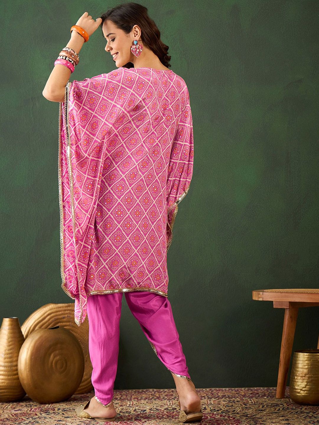 Dhiyona SN Women's Pink Bandhani Printed Gotta Patti Asymmetric Kaftan With Dhoti Pant