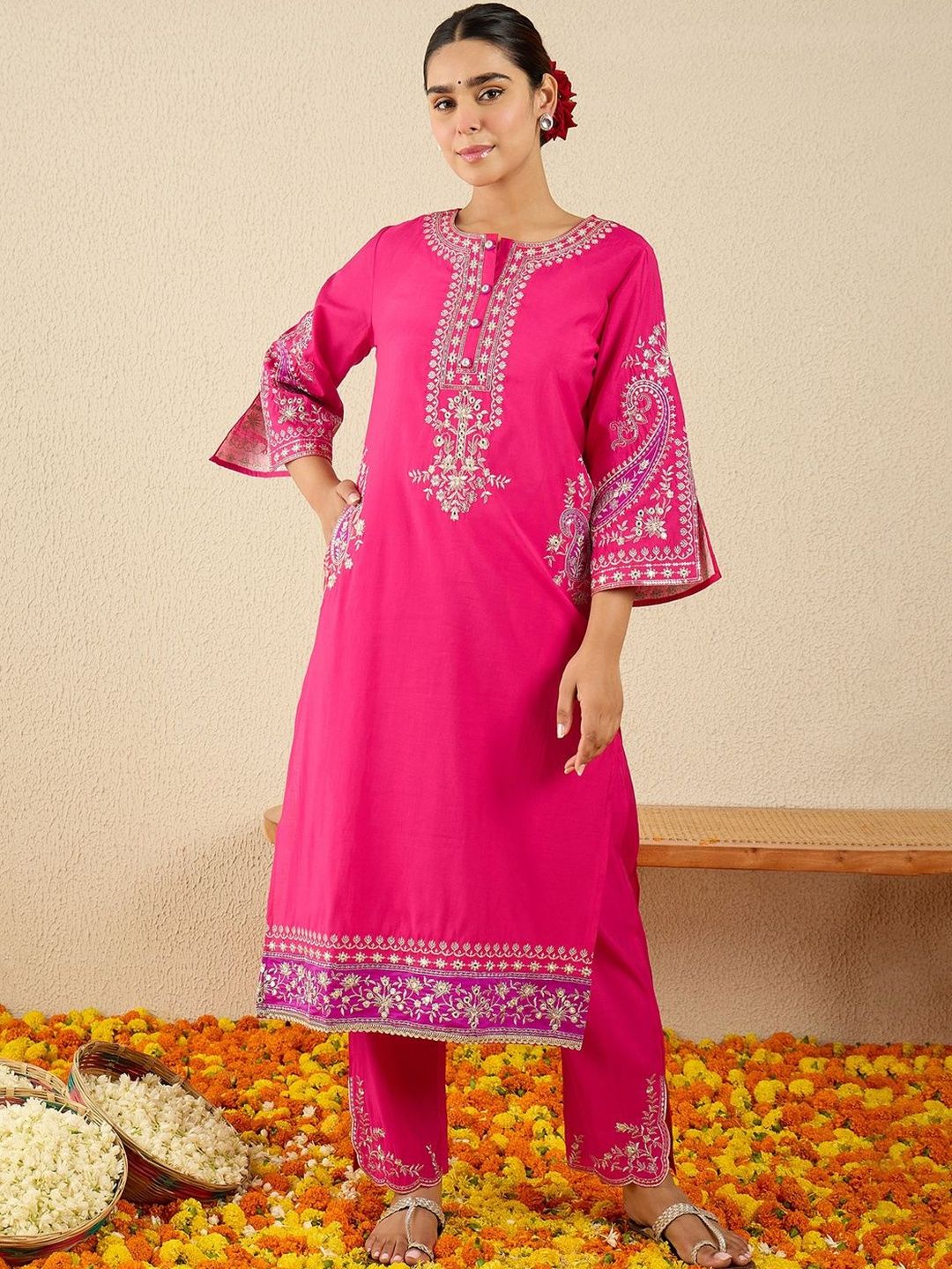 Floral Embroidered Thread Work Kurta With Trousers & Dupatta
