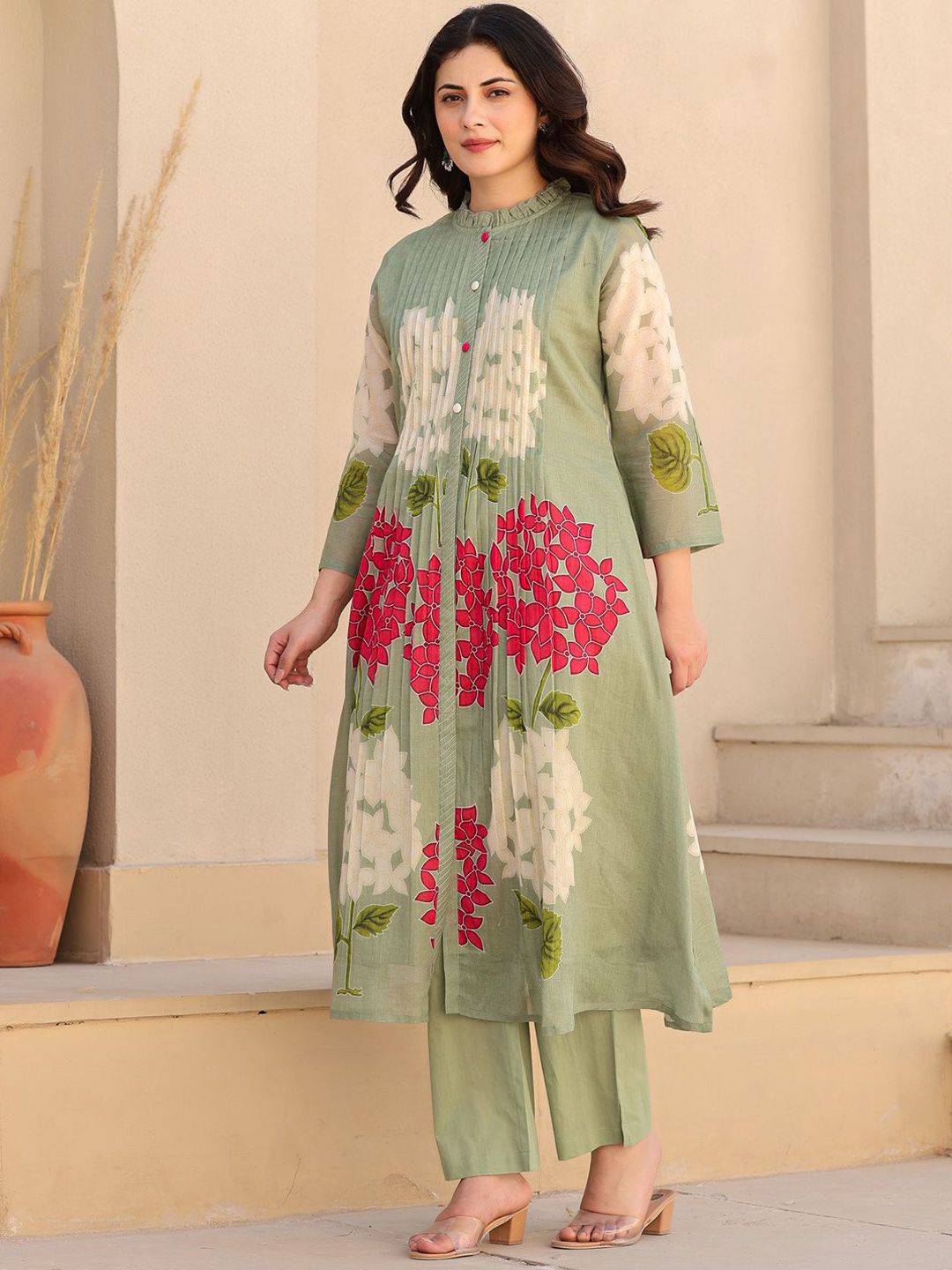 Dhiyona IE Floral Printed Pure Cotton Mandarin Collar Tunic With Trousers