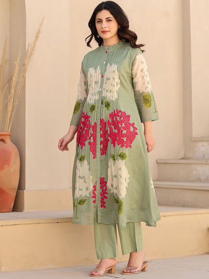 Dhiyona IE Floral Printed Pure Cotton Mandarin Collar Tunic With Trousers