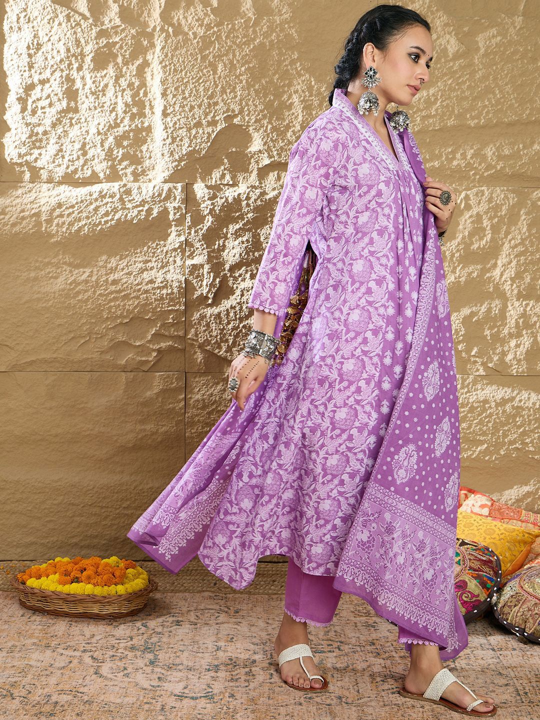 Dhiyona IE Women Floral Printed Panelled Pure Cotton Kurta with Trousers & Dupatta