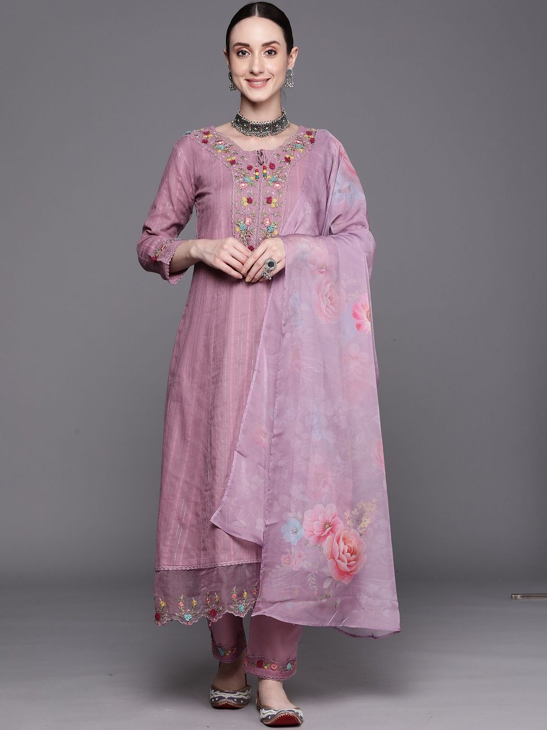 Women Floral Embroidered Cotton Kurta with Trousers & Dupatta