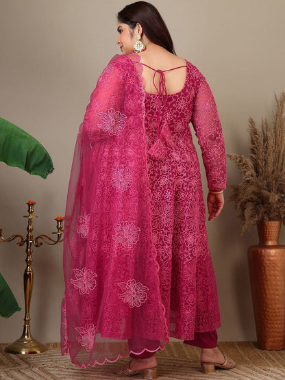 Dhiyona IN Women Plus Size Floral Embroidered A-Line Kurta with Trousers & Dupatta