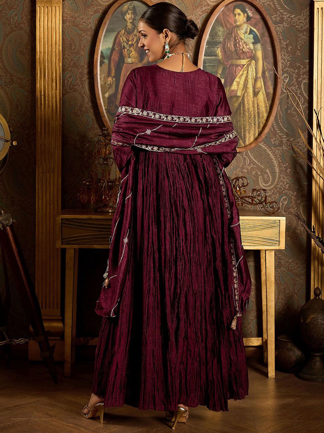 Floral Zari Embroidered Pleated A-Line Kurta with Trouser & Dupatta