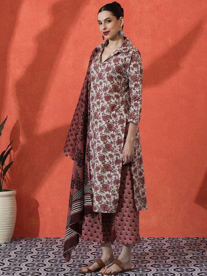 Dhiyona SN Women's Floral Printed Pure Cotton Straight Kurta With Trousers & Dupatta