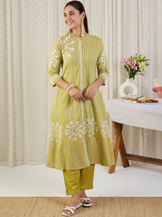 Floral Printed Mandarin Collar Pure Cotton A-Line Kurta With Trousers