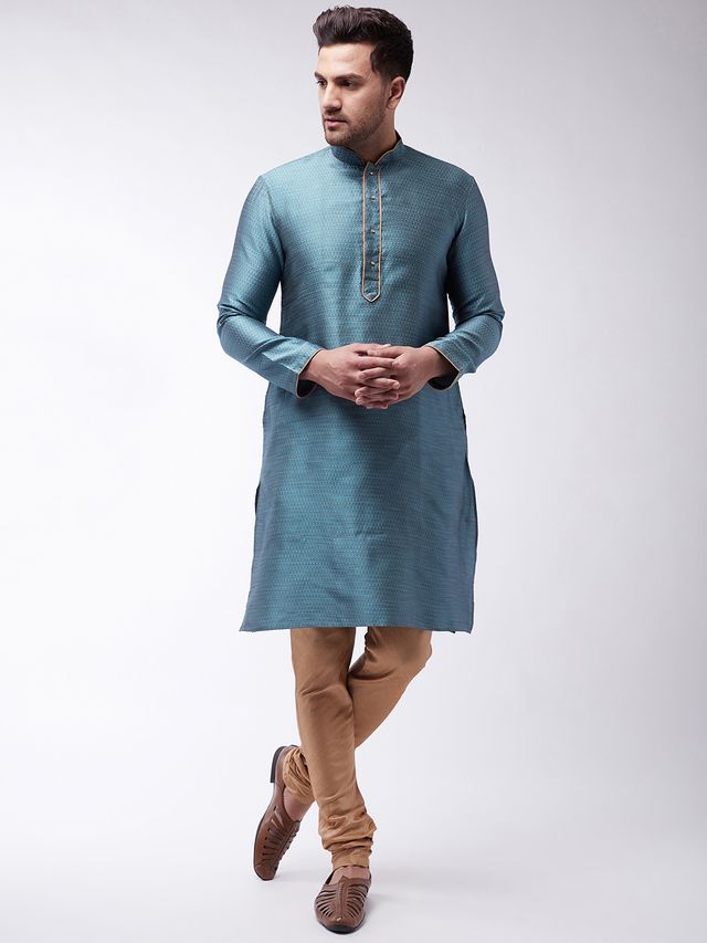 Men's Aqua Silk Blend Straight Kurta Pyjama Set