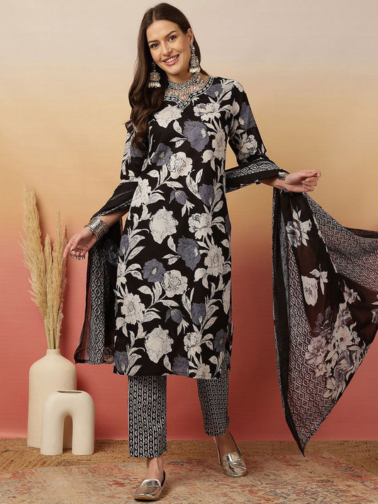 Dhiyona SN Women's Floral Printed Adda Work Cotton Kurta With Trouser & Dupatta