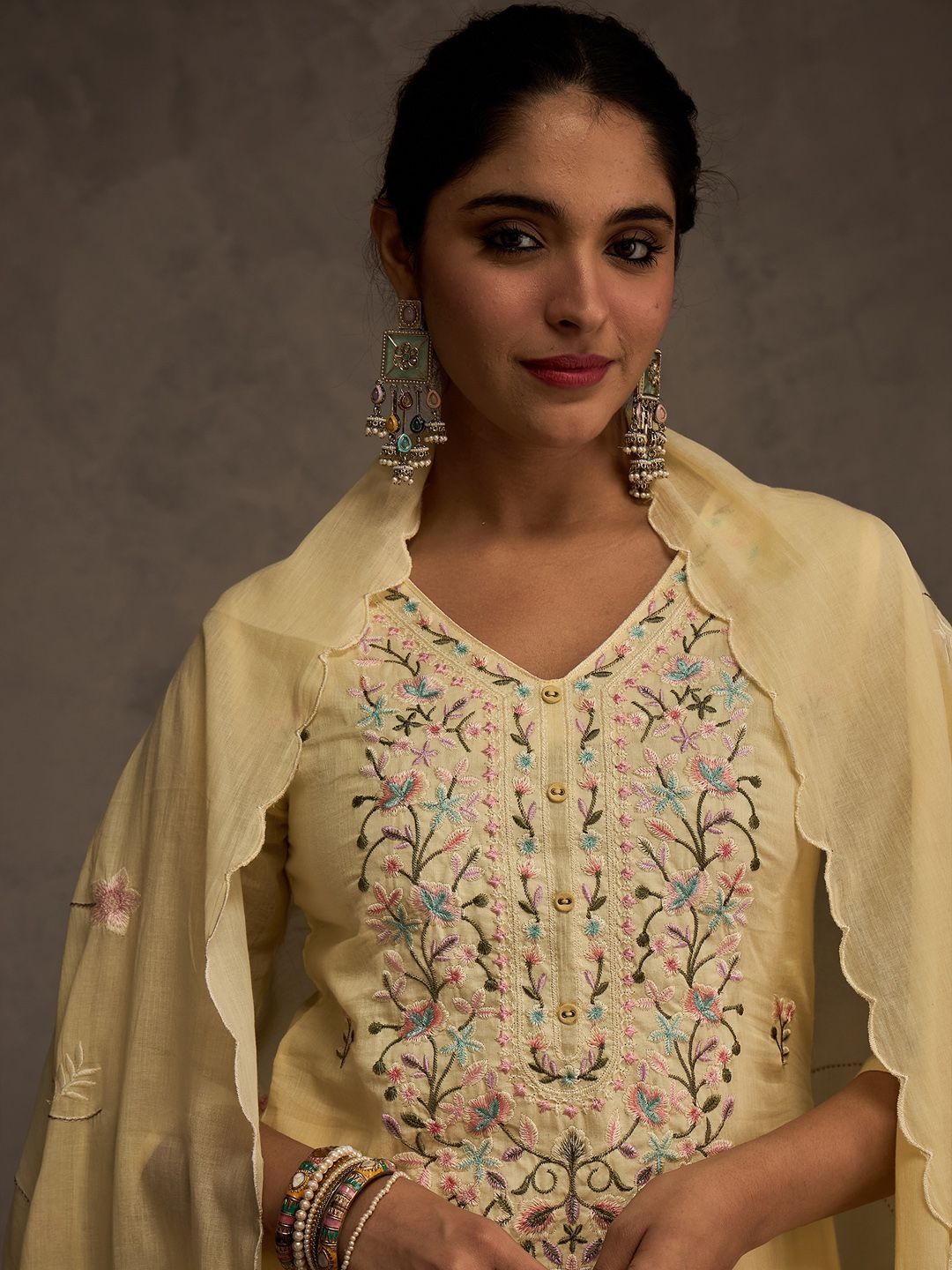 Women Floral Embroidered Pure Cotton Kurta with Trousers & Dupatta