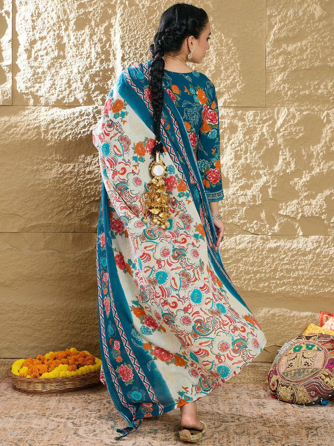 Dhiyona IE Women Floral Printed Regular Mirror Work Kurta with Trousers & With Dupatta