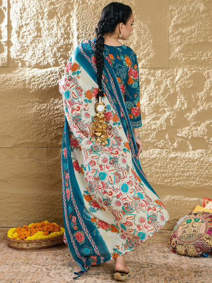 Dhiyona IE Women Floral Printed Regular Mirror Work Kurta with Trousers & With Dupatta