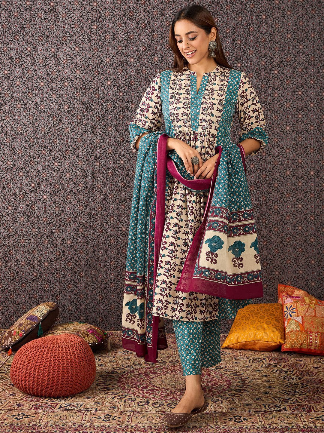 Floral Printed Mandarin Collar Pure Cotton A-Line Kurta & Trousers With Dupatta