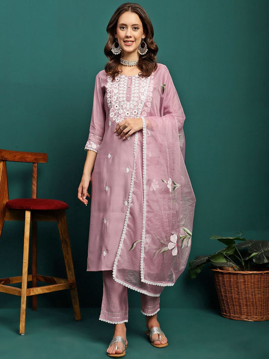 Dhiyona SN Women's Mauve Floral Embroidered Round Neck Mirror Work Kurta With Trouser & Dupatta