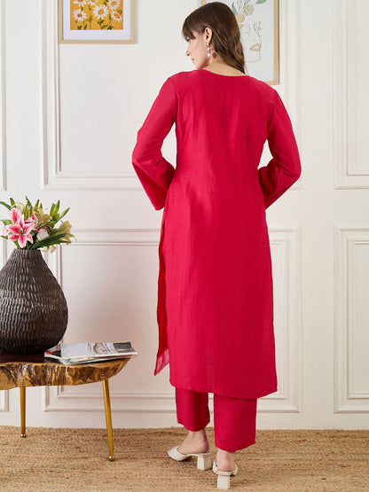 Floral Embroidered Notch Neck Zari Panelled Straight Kurta & Trousers