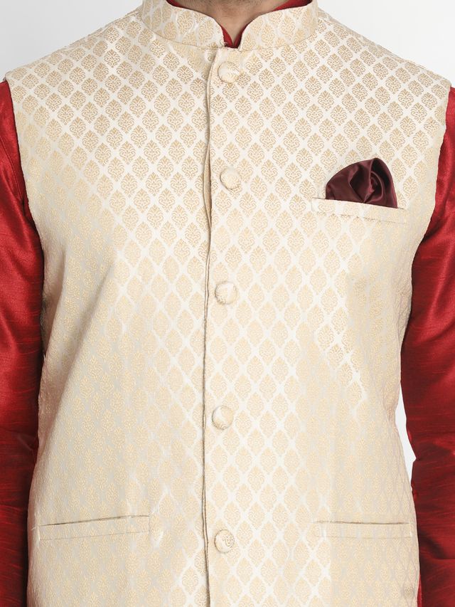 Men's Maroon Silk Blend Straight Jacket  Kurta and Pyjama Set