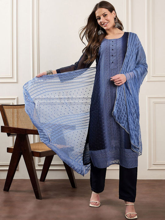 Dhiyona PD Women Embroidered Ombre & Schiffli Straight Kurta With Trousers And Dupatta