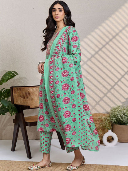Women Floral Printed Regular Mirror Work Kurta & Trousers With Dupatta