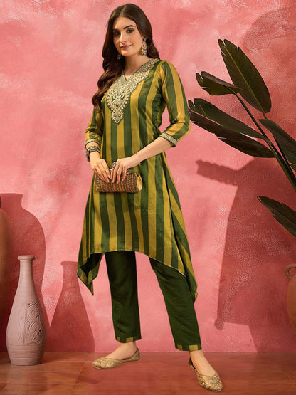 Dhiyona SN Women's Striped V-Neck Thread Work A-Line Asymmetric Kurta & Trousers
