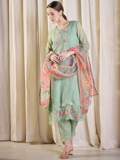 Women Floral Embroidered Kurta with Trousers & Dupatta