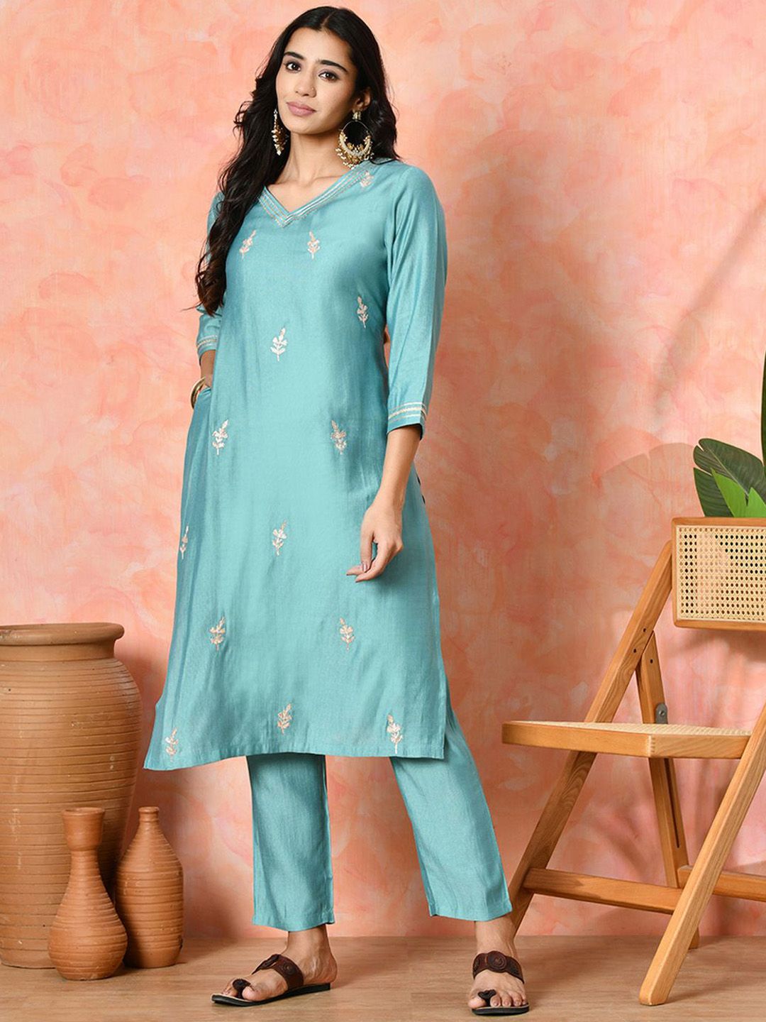 Dhiyona SN Women's Solid Embroidered Kurta with Trousers & Dupatta