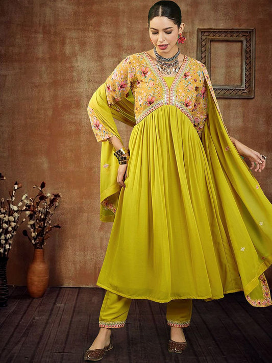 Dhiyona SN Women's Floral Yoke Design Empire Sequinned Georgette A-Line Kurta With Trouser & Dupatta