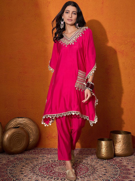 Dhiyona SN Women's Embroidered V-Neck Mirror work Kaftan With Trousers