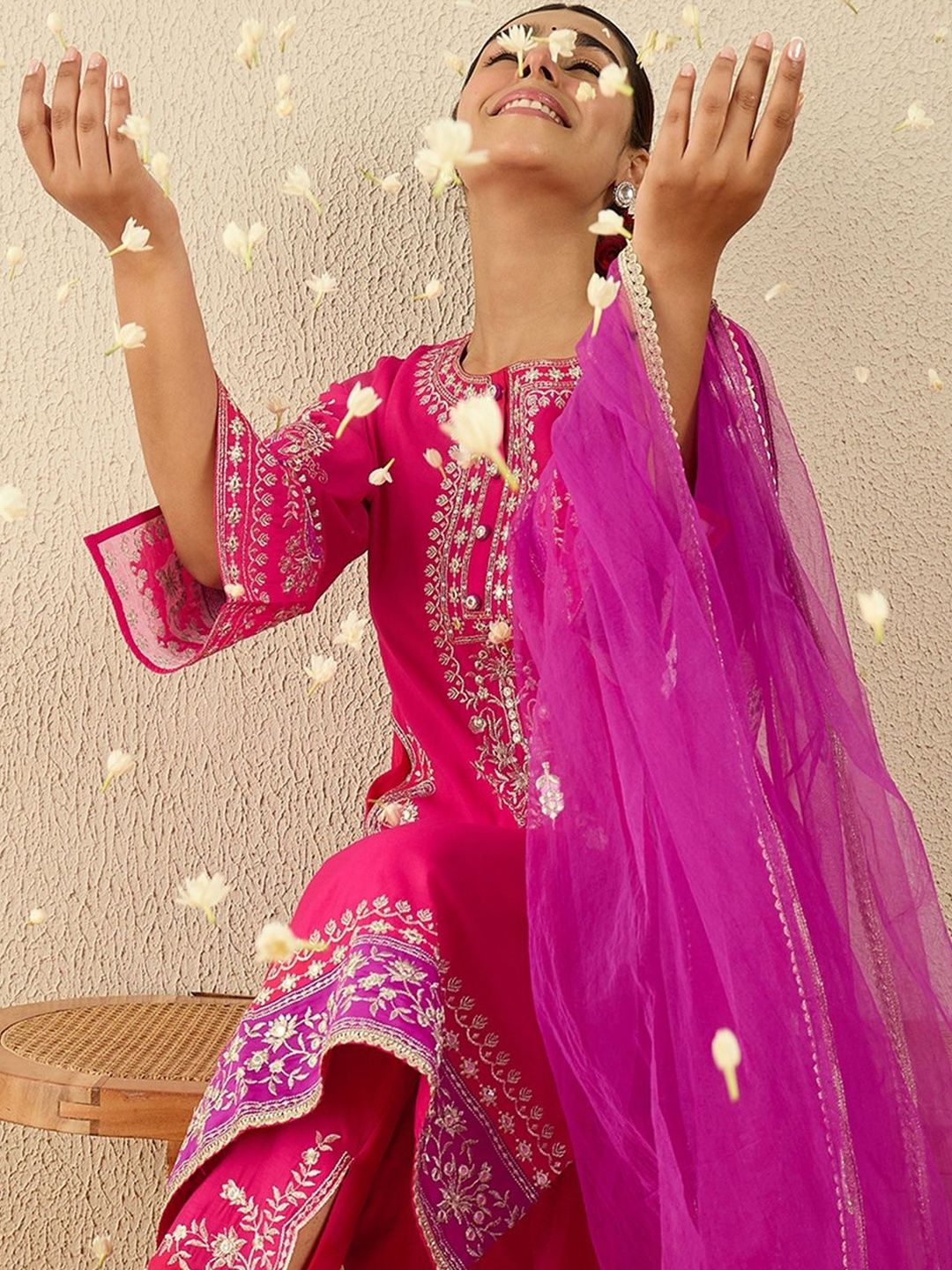 Floral Embroidered Thread Work Kurta With Trousers & Dupatta