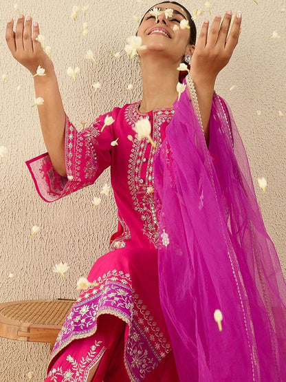 Floral Embroidered Thread Work Kurta With Trousers & Dupatta