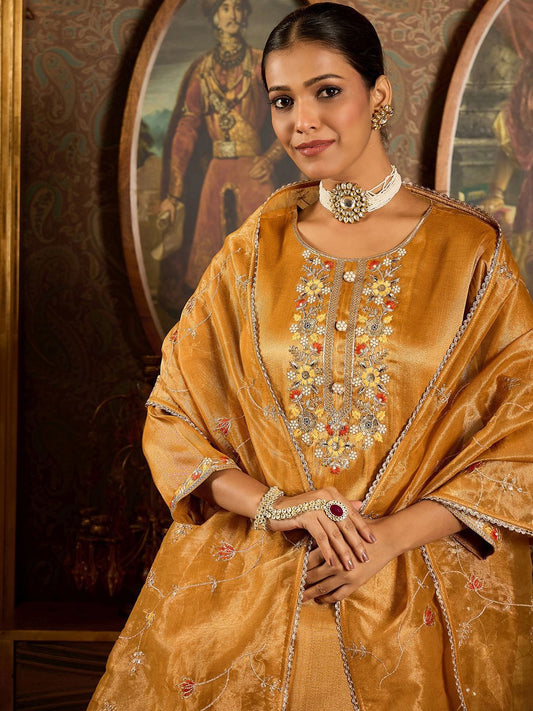 Dhiyona IE Floral Embroidered Thread Work Liva Straight Kurta with Trouser & Dupatta