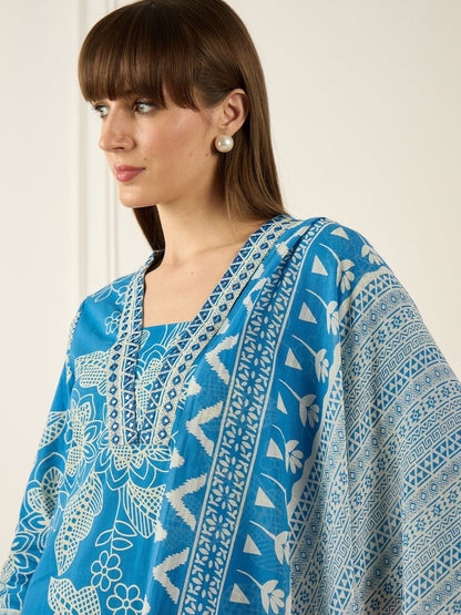 Floral Printed V-Neck Regular Pure Cotton A-Line Kurta With Trousers & Dupatta
