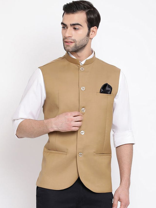 Men's Beige Cotton Silk Straight Nehru Jacket