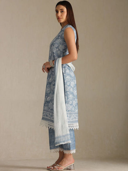 Dhiyona SO Women's Women Floral Printed Linen Kurta with Trousers & Dupatta