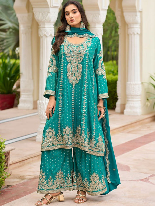 Dhiyona IE Women Ethnic Motifs Embroidered Regular Thread Work Kurta with Sharara & With Dupatta
