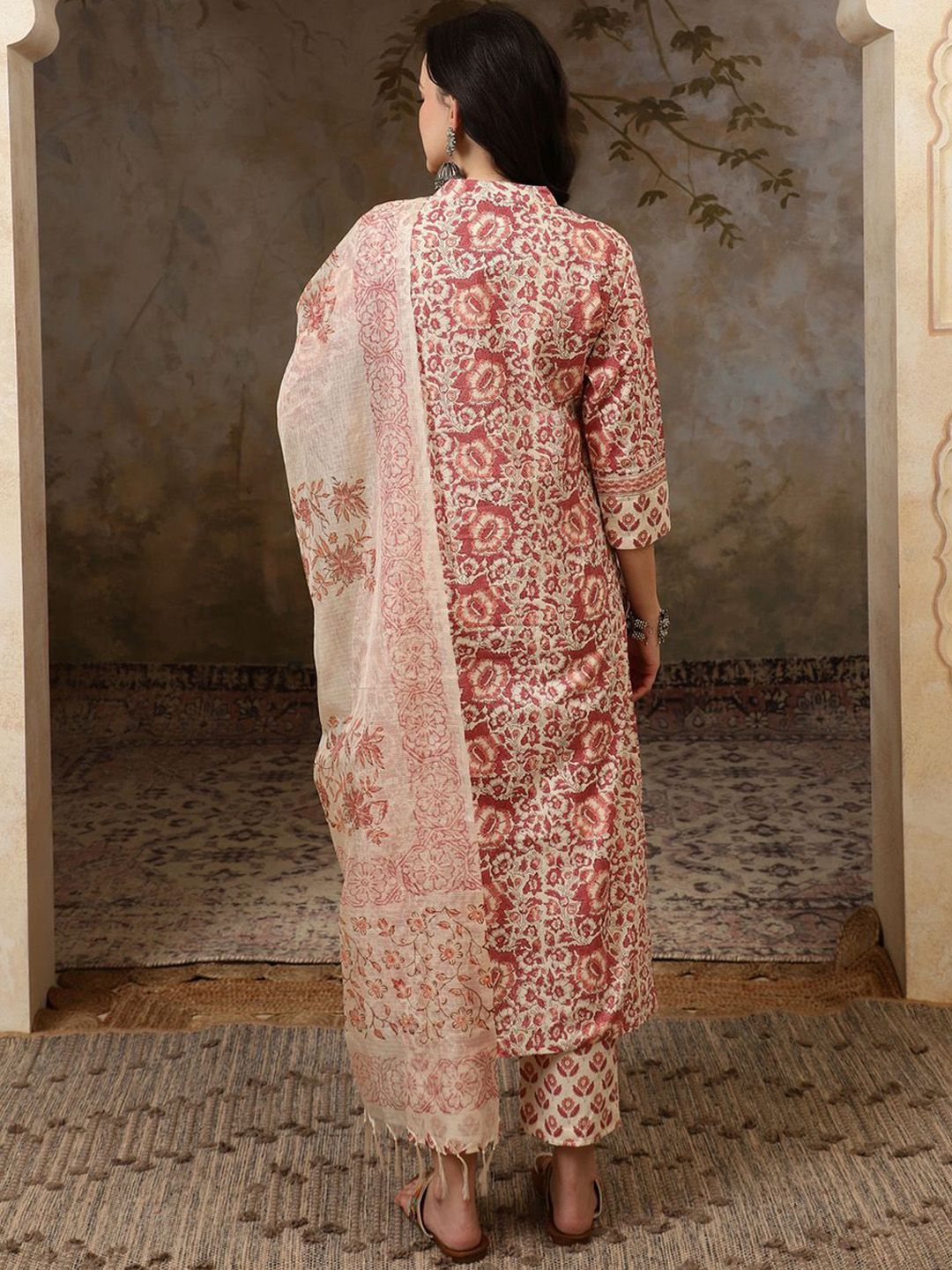 Dhiyona SN Women's Floral Printed Mandarin Collar Pure Cotton Kurta With Trousers & Dupatta