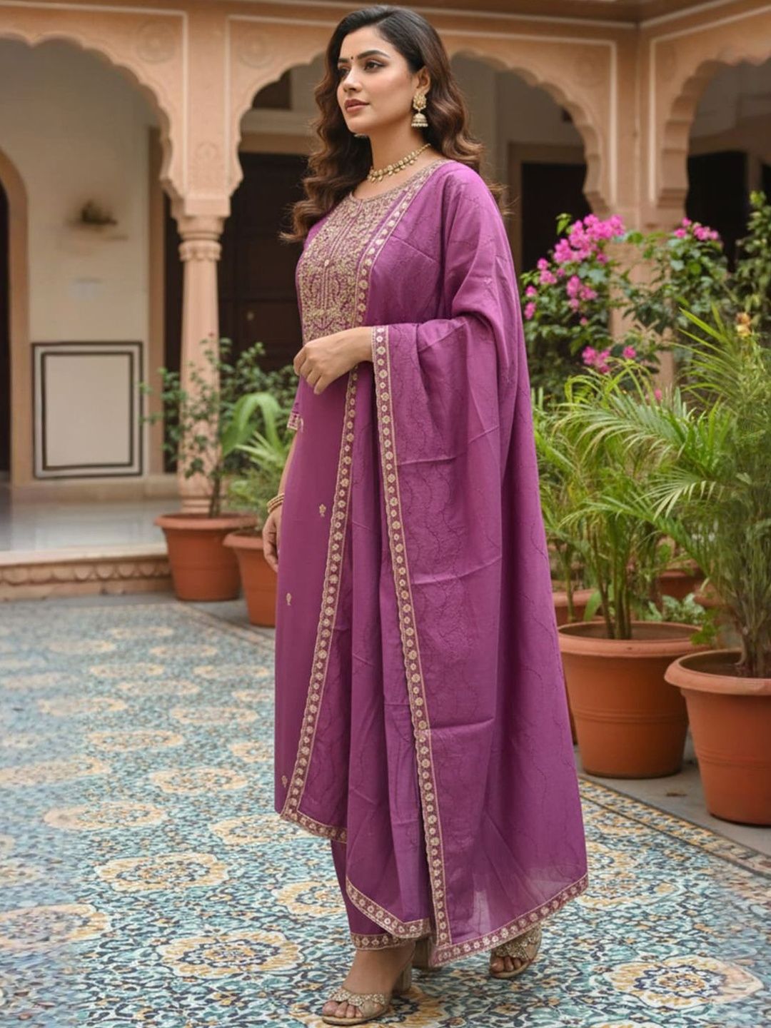 Women Mauve Embroidered Straight Kurta with Trousers & With Dupatta
