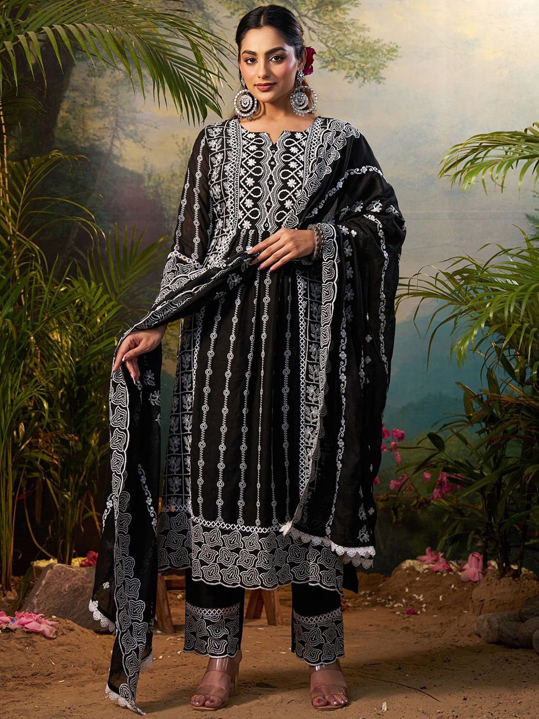Women Floral Embroidered Cotton Kurta with Trousers & Dupatta