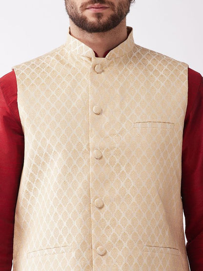 Men's Maroon Silk Blend Straight Jacket  Kurta and Dhoti Set
