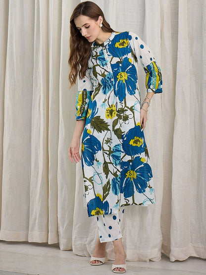 Dhiyona IE Floral Printed Pure Cotton Mandarin Collar Tunic With Trousers