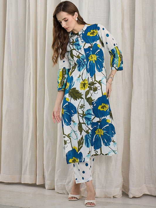 Dhiyona IE Floral Printed Pure Cotton Mandarin Collar Tunic With Trousers