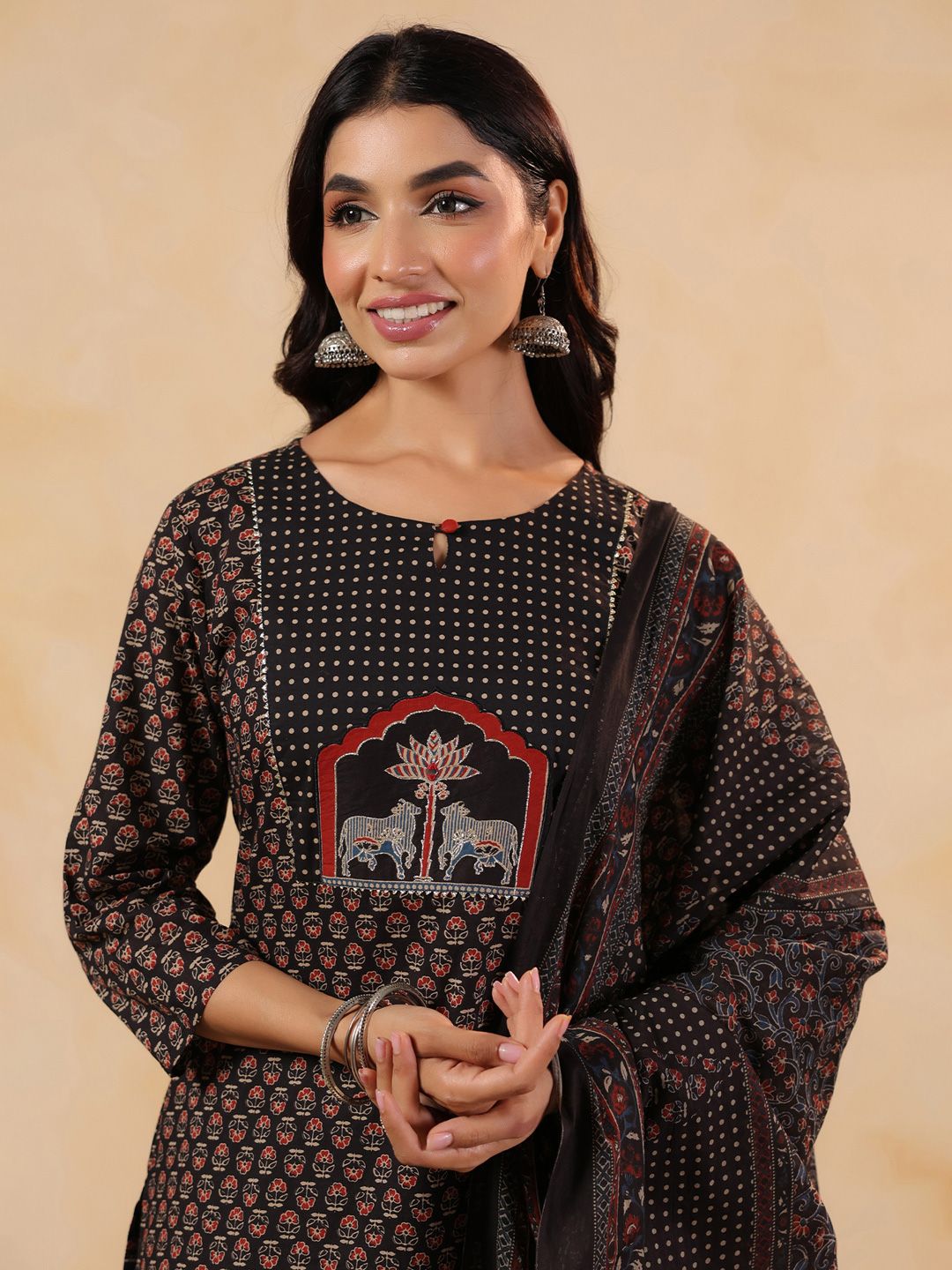 Ethnic Motifs Printed Pure Cotton Straight Kurta With Trousers & Dupatta