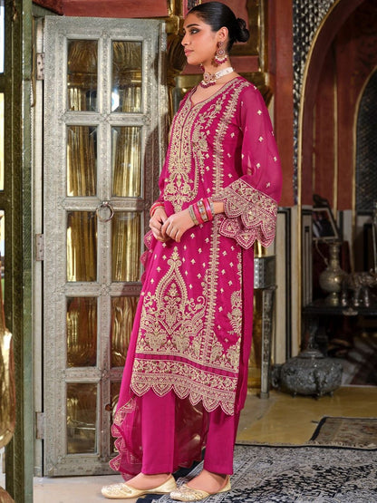 Ethnic Motifs Embroidered Zari V-Neck Straight Kurta & Palazzos With Dupatta