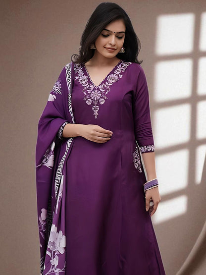 Dhiyona SN Women's Floral Embroidered Pure Cotton A-Line Kurta with Churidar & Dupatta