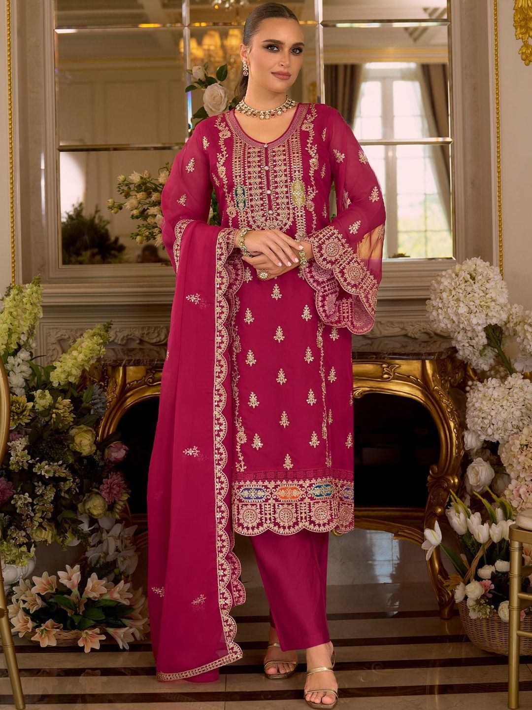 Women Ethnic Motifs Embroidered Kurta with Trousers & Dupatta
