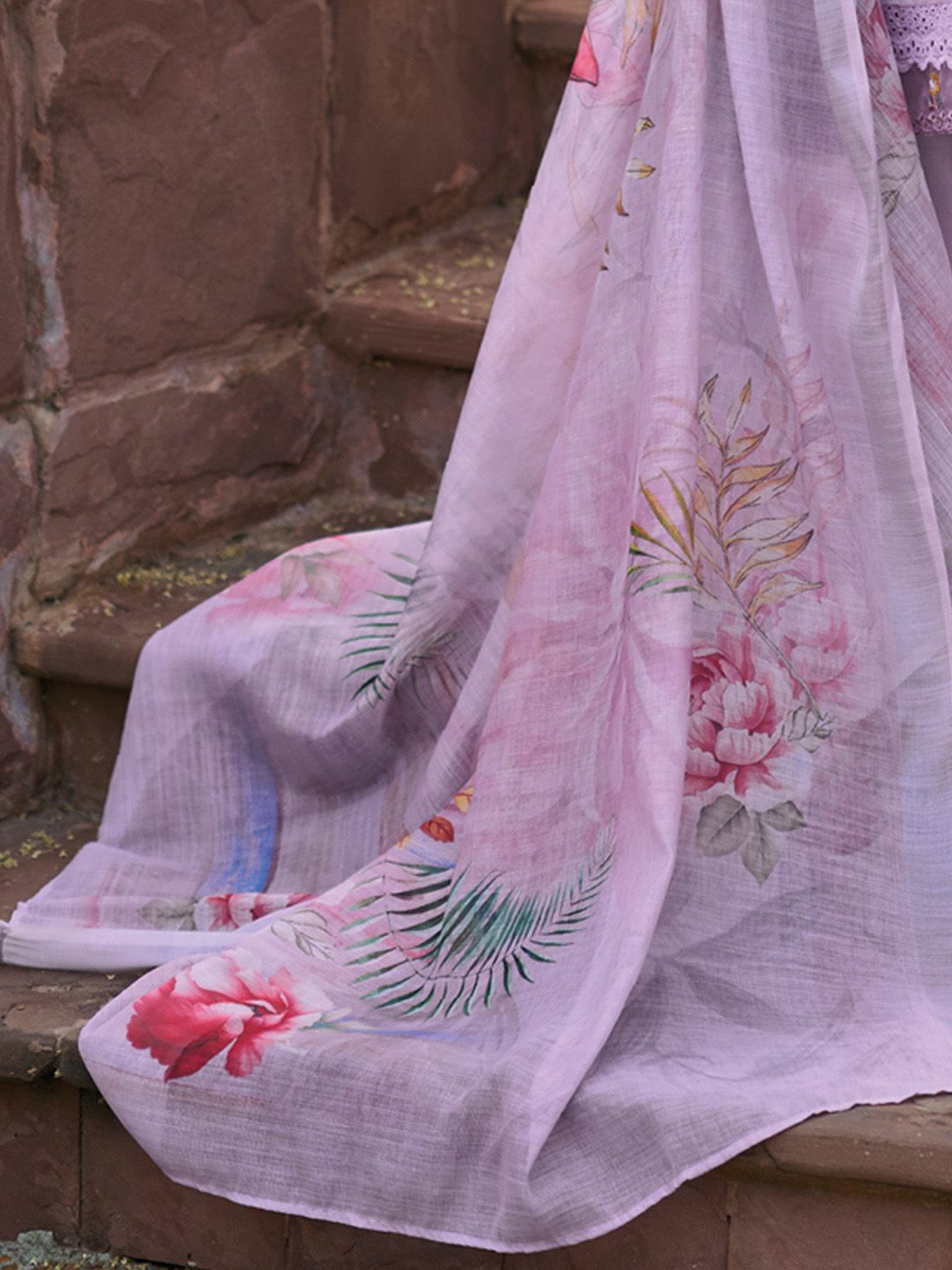 Dhiyona IE Lavender Floral Embroidered Tie Up Neck Pure Cotton Kurta with Trousers & Dupatta