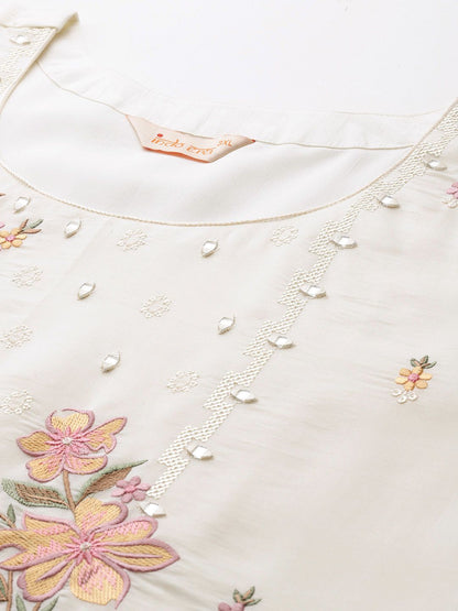 Floral Embroidered Mirror Work Kurta with Palazzos & Dupatta