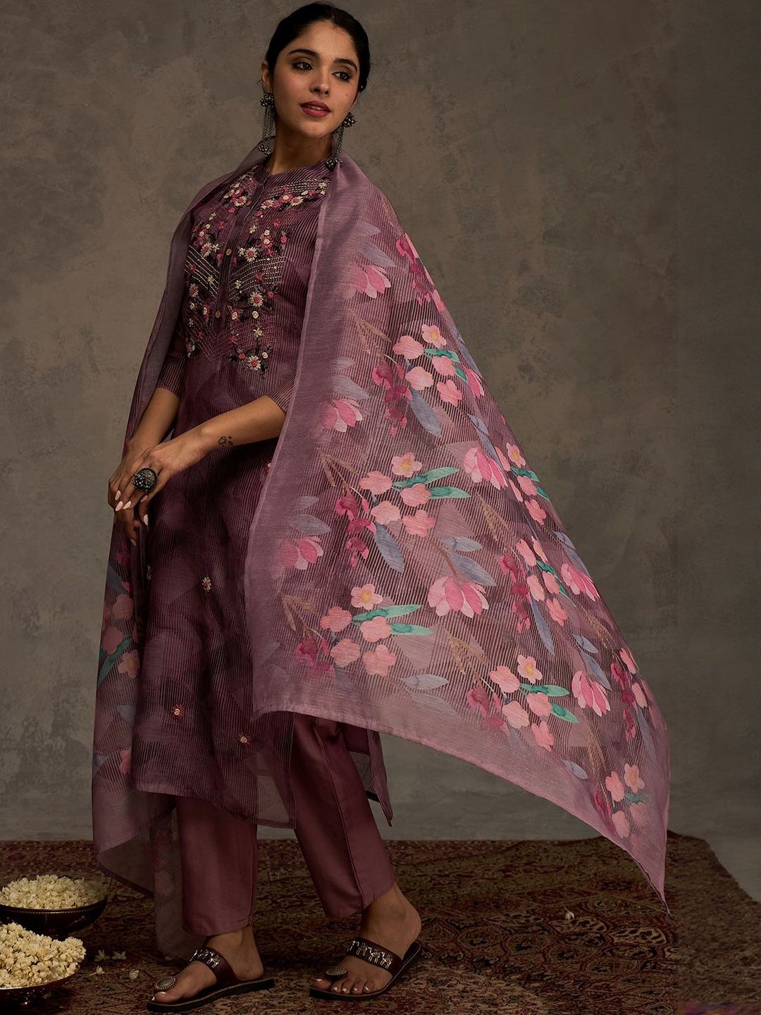 Women Floral Embroidered Thread Work Kurta with Trousers & Dupatta
