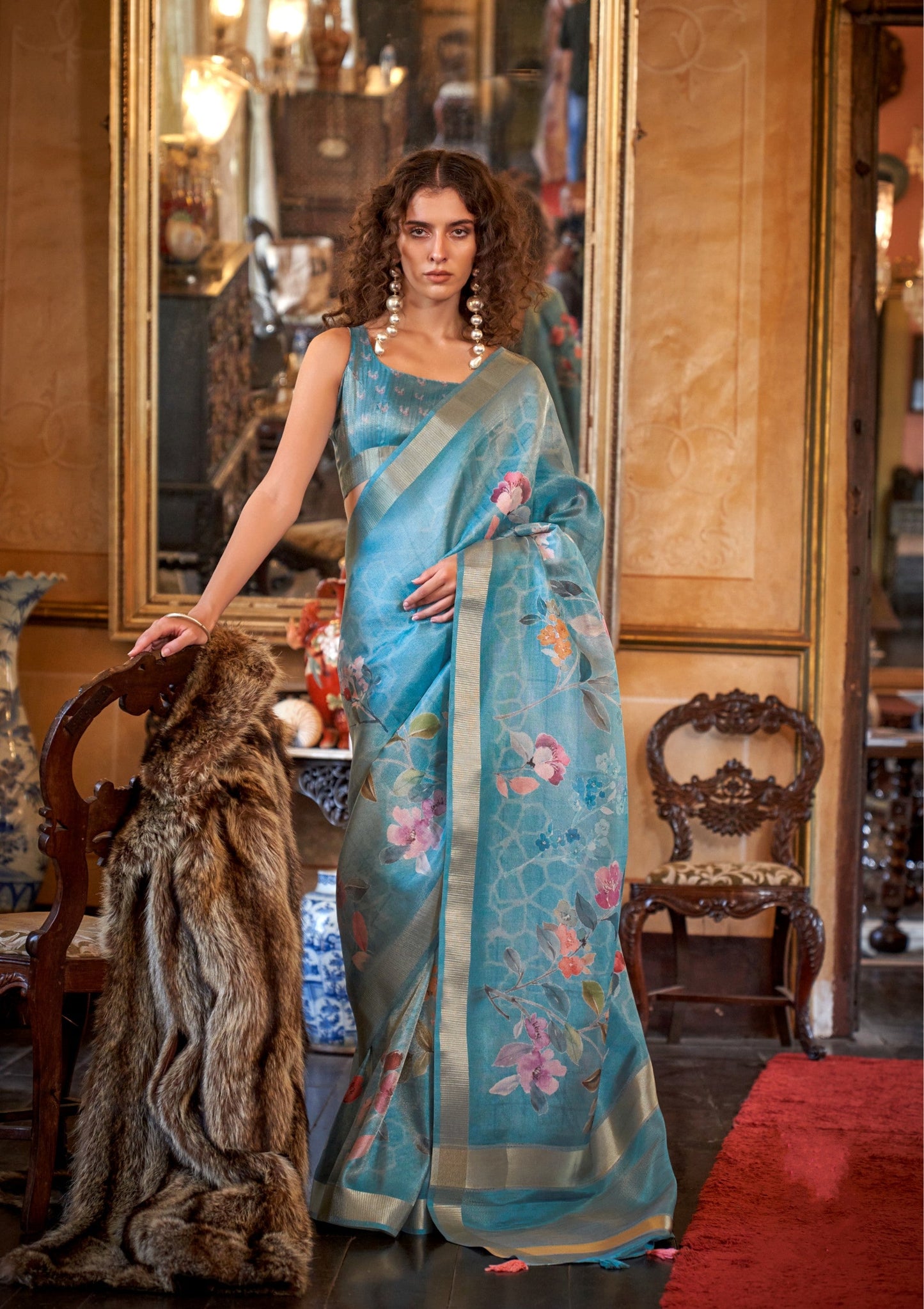 Dhiyona GR Women's Queen Blue Banarasi Digital Soft Silk Saree